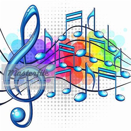 Blue glossy music notes on a rainbow background, vector illustration