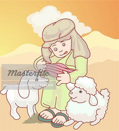 illustration of cute arab boy playing with his sheep