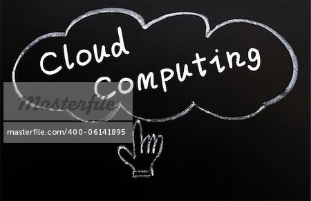 Cloud computing concept with a hand cursor drawn in chalk on a blackboard