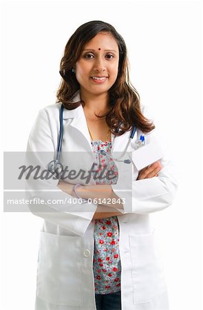 30s Asian Indian female doctor crossed arms over white background
