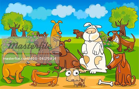 Cartoon Illustration of dogs on the meadow