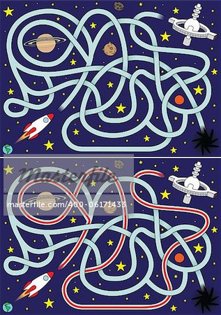 Space rocket maze for kids with a solution