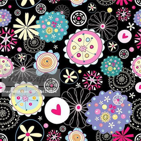 Seamless bright floral pattern on a black background