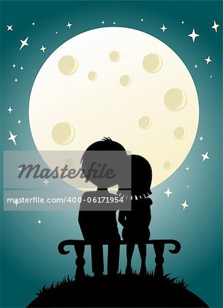 young couple and night sky with moon