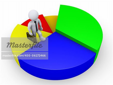 3d businessman climbing stairs of colored pie chart