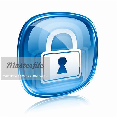 Lock icon blue glass, isolated on white background.