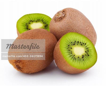 Ripe kiwi fruits with halves isolated on white background