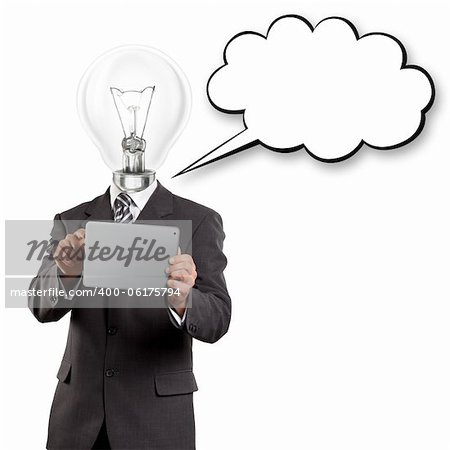 Idea concept, lamp head businessman with touch pad and speech bubble