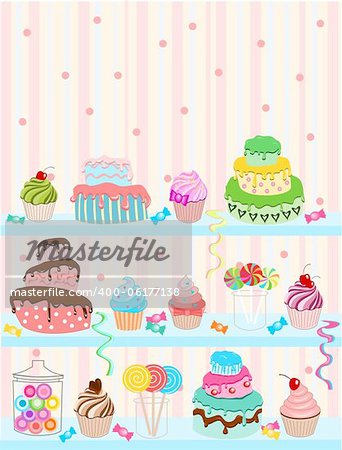 Illustration of sweets and cakes with pastel colors background