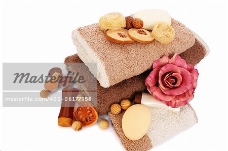 Towels and spa set isolated on white background.