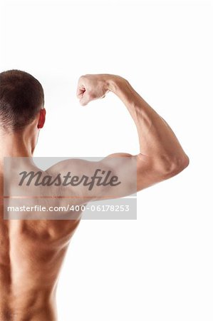 back view of a muscular young man showing his biceps isolated on white