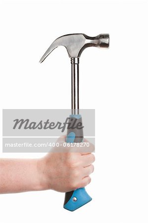 Female hand holding a hammer isolated on white background