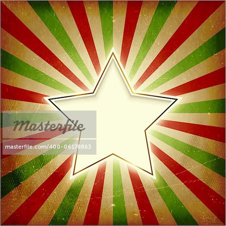 Vintage Christmas background with glowing center star on red, green, beige light burst background. Grunge elements giving it a textured and old feeling.