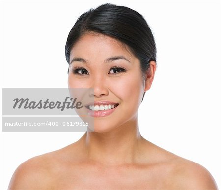 Beauty portrait of smiling asian brunette woman isolated on white