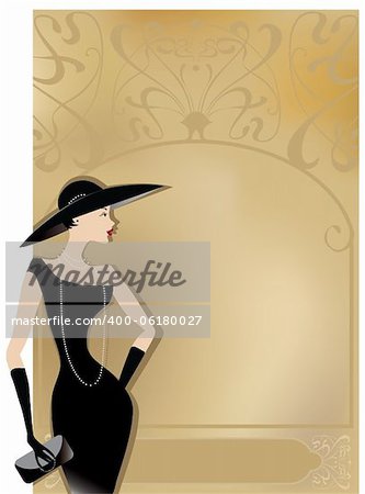 Lady in black with retro or art noveu poster background