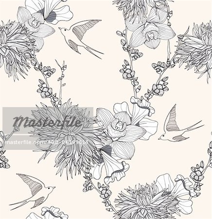 Seamless floral pattern Seamless pattern with flowers and birds. Elegant and romantic background with swallows.