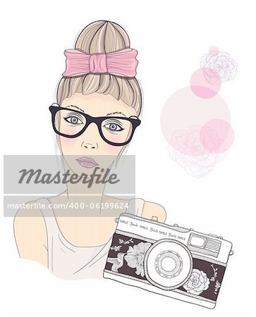 Fashion girl photographer vector background. Young female with retro camera. Vintage photo camera with flowers and birds pattern. Fashion illustration.