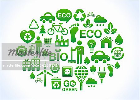 Illustration of green eco icons.  Clean planet, ecology, recycling, environment concept.
