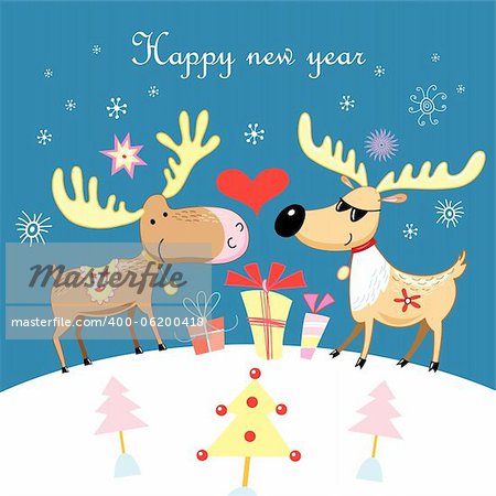 Bright fun Christmas card with a moose on a blue background with snowflakes