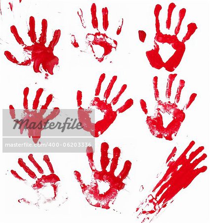 A composite of 9 bloody hand prints isolated on white.