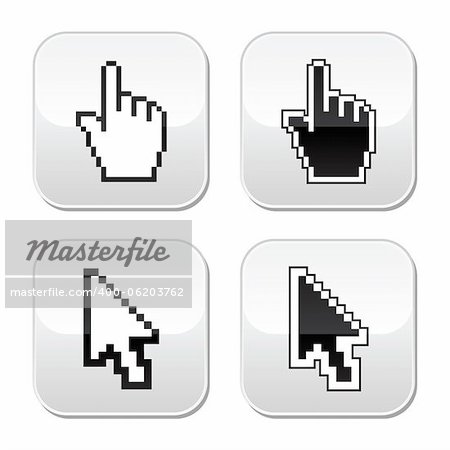 Website pixelated pointers - hand cursor and arrow.
