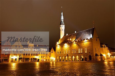 Tallinn Town Hall at Night in Raekoja Square, Estonia