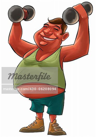 fat young man smiling and lifting a Dumbbells