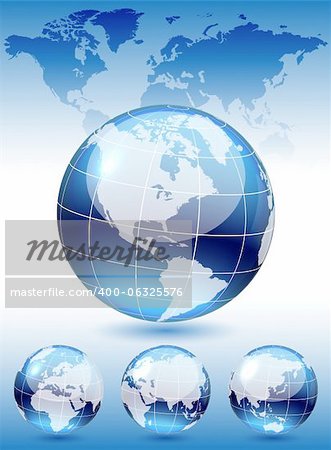 Different views of dark blue glass globe, map included, vector illustration, eps 10, 3 layers