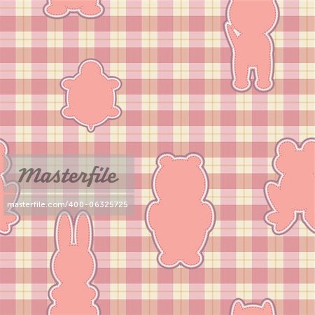 Seamless pattern with applications in the shape of an animal on checkered background