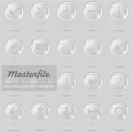 Set of glass map maprkers with icons, vector eps10 illustration