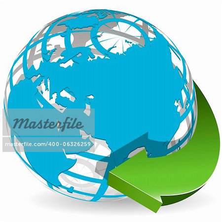 illustration, abstract blue globe with green arrow
