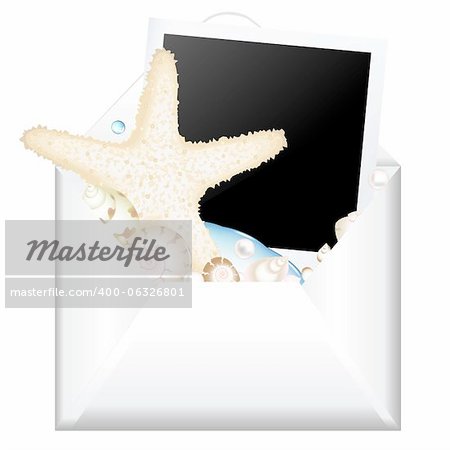 Open Envelope With Photo And Starfish, Isolated On White Background, Vector Illustration