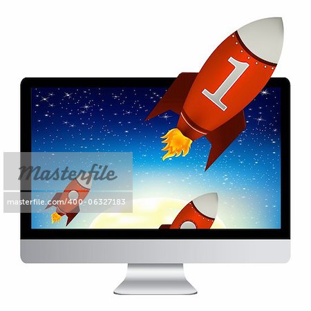 Computer With Red Rockets, Isolated On White Background, Vector Illustration