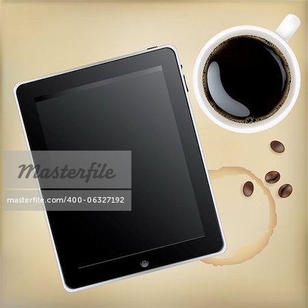 Tablet Computer With Cup Of Coffee, Isolated On White Background, Vector Illustration