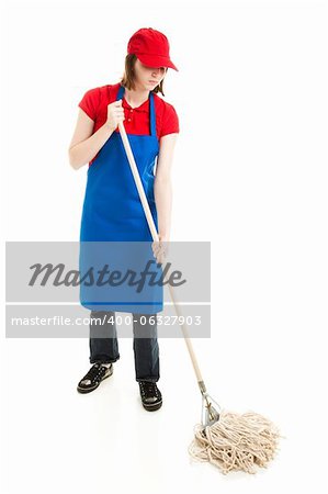 Teenage girl in service uniform mopping.  Full body isolated on white.