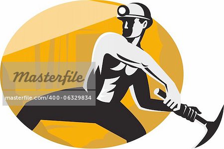 Illustration of a coal miner worker with pick ax viewed from the side striking done in retro style.