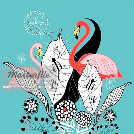 graphic bright background with plants and red flamingos