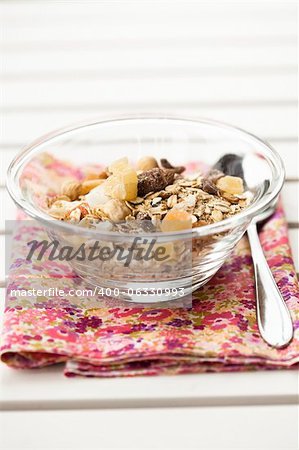 Close-up of healthy muesli with dried fruit for breakfast
