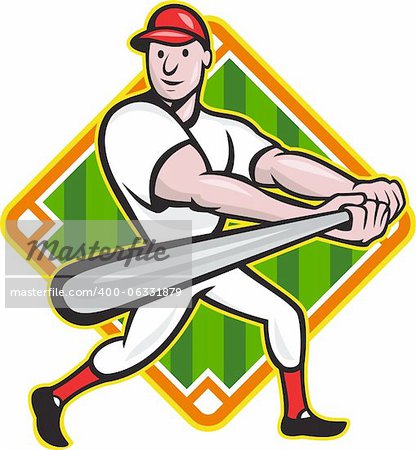 Cartoon illustration of a baseball player with bat batting facing front with diamond in background.