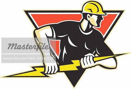 Illustration of an electrician construction worker holding a lightning bolt set inside triangle done in retro style in isolated white background.