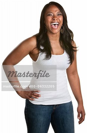 Strong Black woman laughing on isolated background