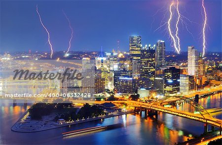 Lightning among skyscrapers in downtown PIttsburgh, Pennsylvania, USA.