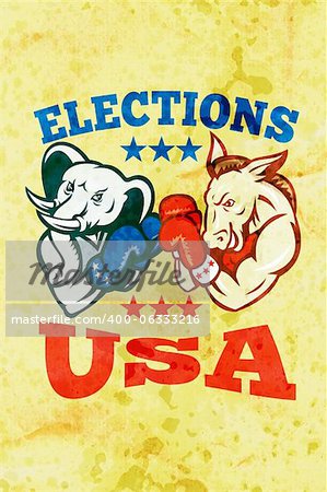 Illustration of a democrat donkey mascot of the democratic grand old party gop and republican elephant boxer boxing with gloves set inside circle done in retro style with words elections usa