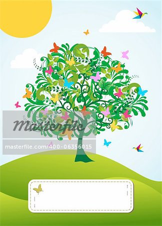 Abstract spring time tree with flowers greeting card background. Vector file layered for easy manipulation and custom coloring.