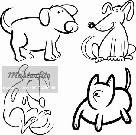 cartoon illustration of four cute dogs or puppies set for coloring book