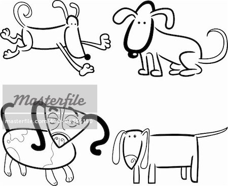 cartoon illustration of four cute dogs or puppies set for coloring book