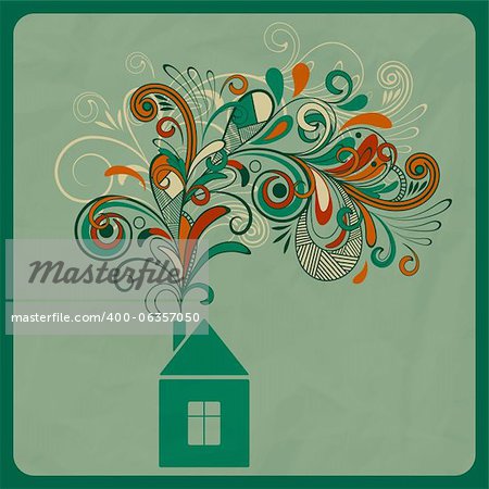 vector ecology concept with small house and floral smoke coming from the pipe, crumpled paper texture, eps 10