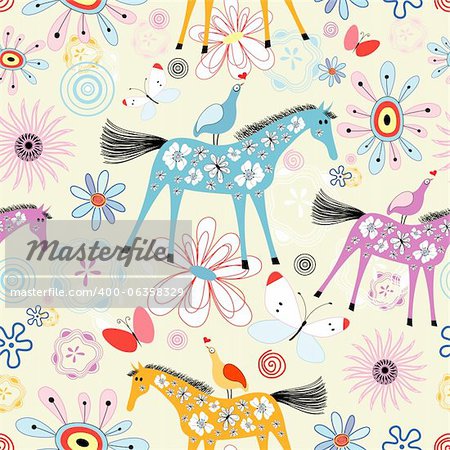 Seamless bright floral pattern with horses and birds
