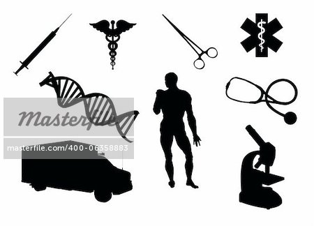 Medical equipment and related signs silhouettes, isolated on white background.