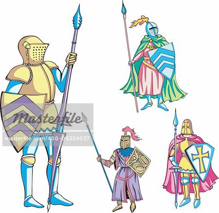 Medieval knights with lance. Set of color vector illustrations.